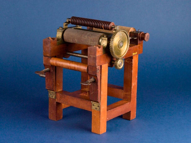Patent model by Charles Goodyear for patent no. 3462, a device for coating cloth with vulcanized rubber, 1844, National Museum of American History, Smithsonian Institution (connecticuthistory.org)