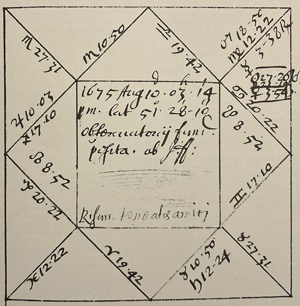 “Horoscope of Royal Observatory cast by John Flamseed,” for Aug. 10, 1675, original in RGO, facsimile in Francis Place and the Early History of the Greenwich Observatory, by Derek House, Science History Publications, p. 19, 1975 (The Linda Hall)