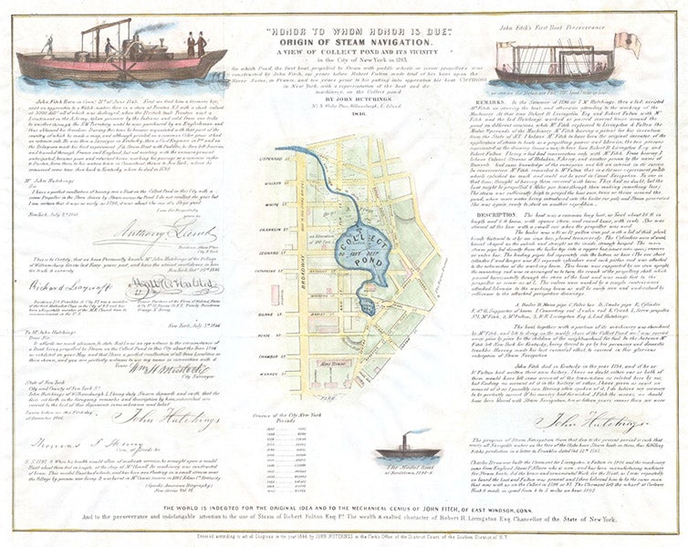 Broadside commemorating the steamboats of John Fitch, and illustrating Connect Pond, issued by John Hutchings, hand-colored engraving, 1846, from the map dealer Geographicus (Wikimedia commons)
