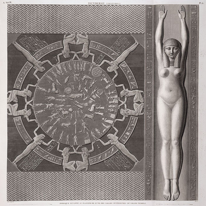 Prosper Jollois and Edouard Devilliers were members of a surveying team who were supposed to be studying irrigation techniques in Upper Egypt. When they learned about the Zodiac from Denon, they visited Dendera and made a more careful measured drawing of the artifact, which was later published in the Description de l'Égypte. The large figure on the right is Nut.