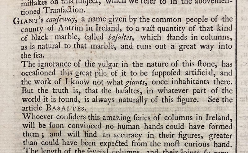 Beginning of entry on “Giant’s Causeway,” A Supplement to Mr. Chambers's Cyclopaedia: or, Universal Dictionary of Arts and Sciences, ed. by John Hill et al., vol. 1, 1753 (Linda Hall Library)