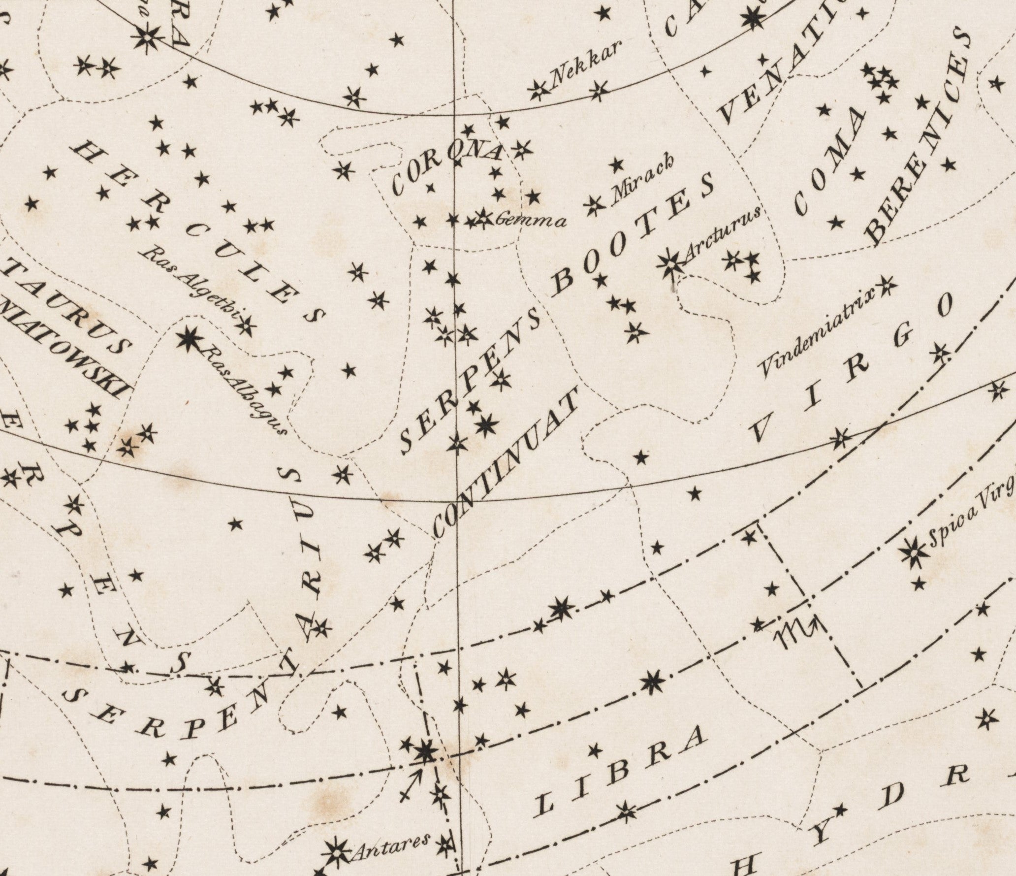Detail of the June chart, showing Serpentarius [Ophiuchus], Hercules, and Bootes. Image source: Rubie, G. The British celestial atlas. London: Baldwin & Cradock, 1830.