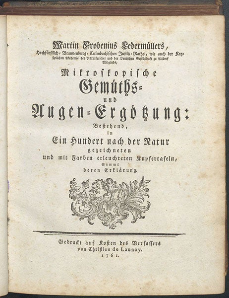 Title page, Mikroskopische Gemüths- und Augen-Ergötzung, by Martin Frobenius Ledermüller, 1761 (The Linda Hall)