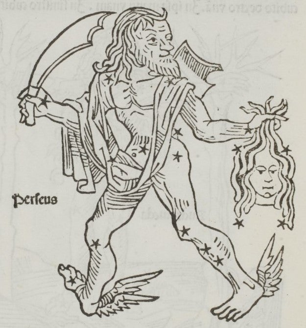 Perseus holding the newly-severed head of the Gorgon. Image source: Hyginus, Jacobus Sentinus, and Joannes Lucilius Santritter. Poeticon Astronomicon. Venice: Erhard Ratdolt, 1482.