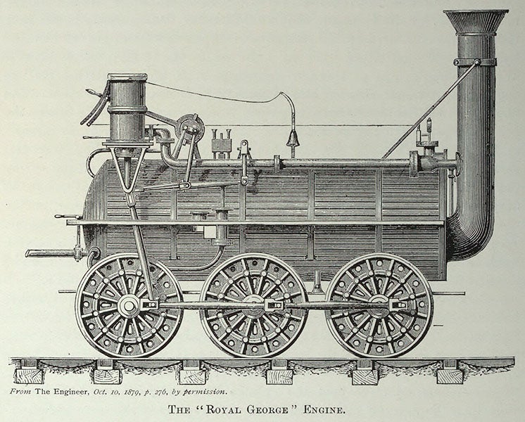 Royal George locomotive, used on the Stockton and Darlington Railway, drawing from The Engineer, Oct. 10, 1879 (Wikimedia commons)
