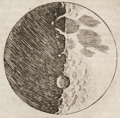 Woodcut of the moon, shaded to highlight the craters.