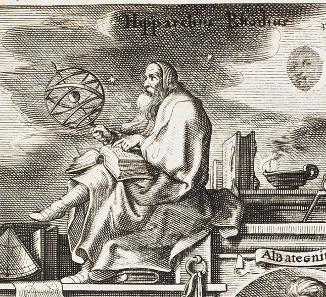 Imagined portrait of Hipparchus, detail of top right of Tabulae motuum coelestium, by Philippe van Lansbege, 1632 (The Linda Hall)