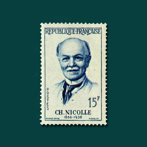 Postage stamp issued in France on the centennial of Nicolle’s birth, 1966 (mintagewold.com)