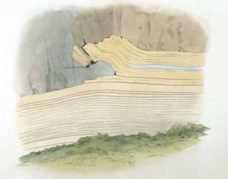 Junction of sandstone and basalt at Stirling Castle. Image source: MacCulloch, John. "On the Junction of Trap and Sandstone, at Stirling Castle." Transactions of the Geological Society of London, vol. 2, 1814, pl. 13.