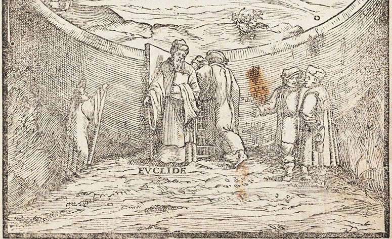 Euclid checking that you know geometry before you enter the domain of the seven liberal arts, detail of frontispiece of Nova scientia, by Niccolò Tartaglia, 1537 (Linda Hall Library)