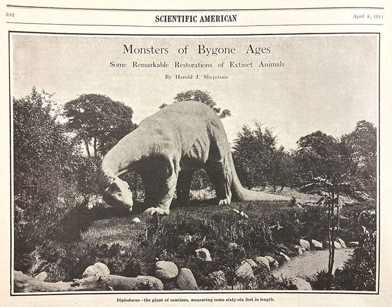 Diplodocus, sculpture by Josef Pallenberg at Tierpark Hagenbeck, Hamburg, Scientific American, vol. 104(14), p. 352, Apr. 8, 1911 (The Linda Hall)