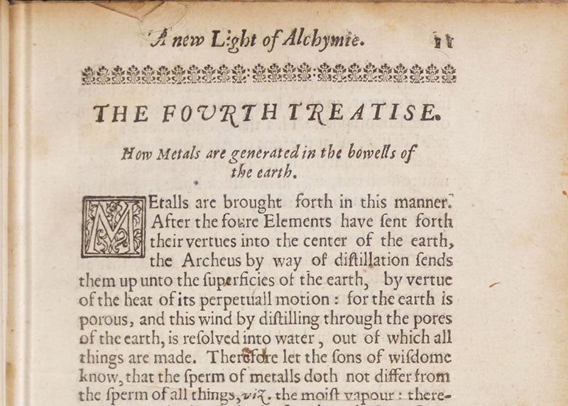 First page of Treatise 4, “How metals ae generated,” A New Light of Alchymie, by Michael Sendivogius, trans. by John French, 1650 (Linda Hall Library)