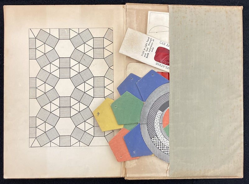 Pocket at the end of Mathematical Snapshots, by Hugo Steinhaus, 1938, with contents spilling out (Linda Hall Library)