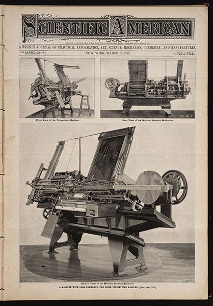 Paige compositor, three views, steel engraving, front page of Scientific American, March 9, 1901 (Linda Hall Library)
