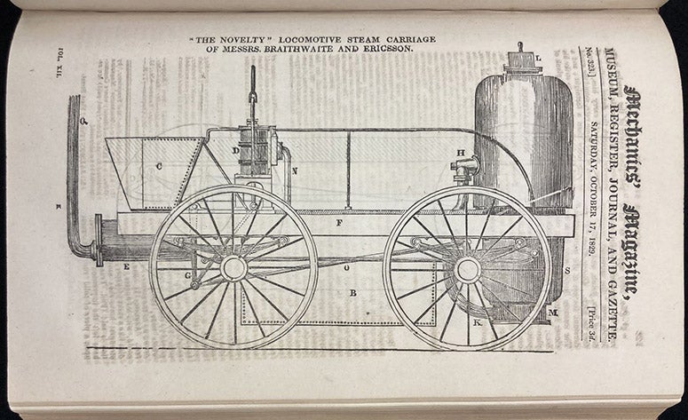 Novelty, locomotive built by John Braithwaite and John Ericsson for the Rainhill Trials in 1829, woodcut in Mechanics' Magazine, Register, Journal, and Gazette, vol. 12, p. 129, Oct. 17, 1829 (The Linda Hall)