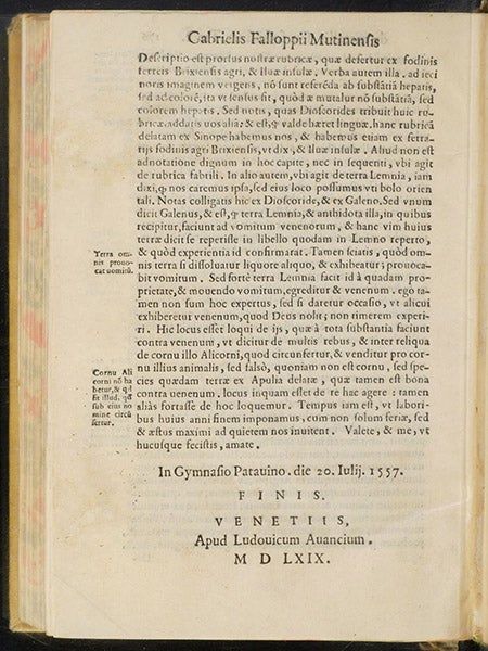 Colophon, showing that the lectures were given in 1556 and 1557, but were not published here until 1569, De medicatis aquis, atque de fossilibus, by Gabriele Falloppio, p. 176 verso, 1569 (The Linda Hall)