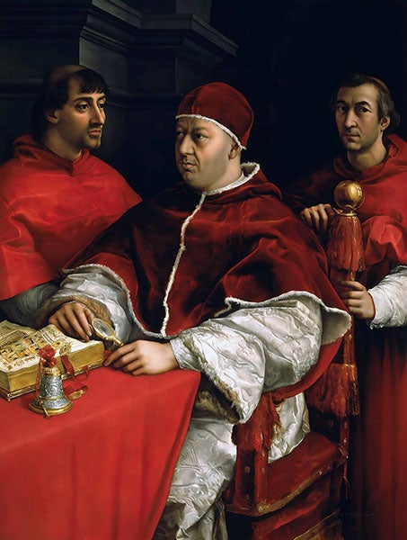 Portrait of Pope Leo X, with two of his cardinal cousins, oil on panel, by Raphael, 1518, Uffizi Gallery, Florence (Wikimedia commons)