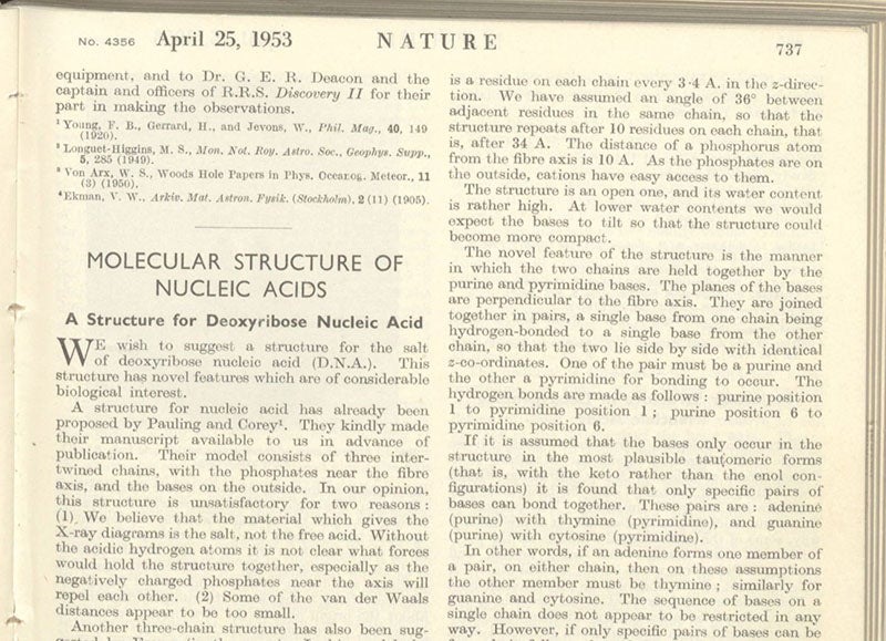 First paragraph of “Molecular structure of nucleic acids: A structure for deoxyribose nucleic acid," by James D. Watson and Francis Crick, Nature, vol. 171, p. 737, Apr. 25, 1953 (The Linda Hall)