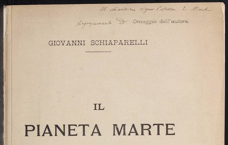 Detail of the title page of Il pianeta marte, by Giovanni Schiaparelli, 1893, with presentation inscription to Ernst Mach (Linda Hall Library)