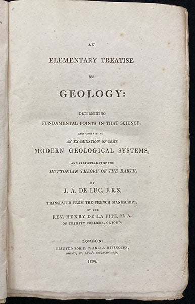 Title page, An Elementary Treatise on Geology … and Containing an Examination of Some Modern Geological Systems, and particularly of the Huttonian Theory of the Earth, 1809 (Linda Hall Library)