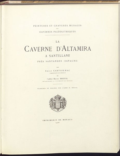 Title page, La caverne d'Altamira a Santillane, by Émile Cartailhac and abbé Henri Breuil, 1906 (The Linda Hall)