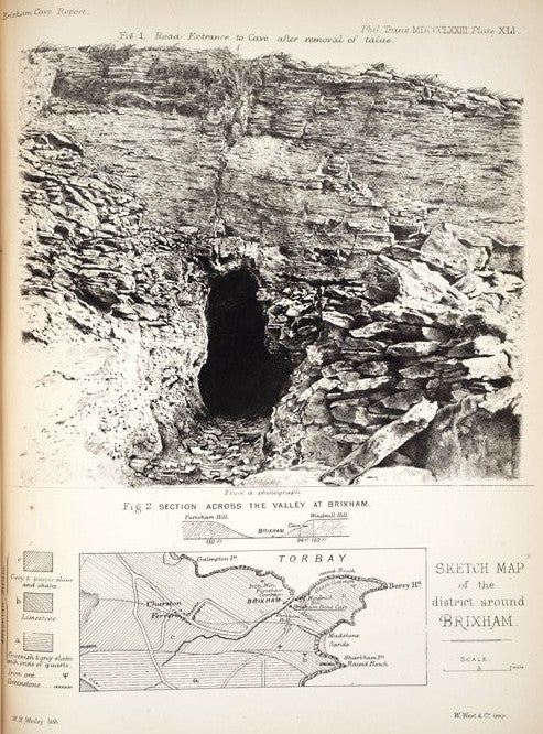 Entrance to Brixham cave and section across the valley. Image source: Prestwich, Joseph. “Report on the Exploration of Brixham Cave.” Philosophical Transactions of the Royal Society of London, vol. 163, 1873, pl. 41.