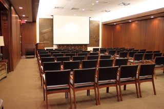 Photo of Linda Hall Library auditorium set up with theatre style seating