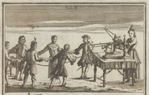 Volunteers joined in a circle to an electrical generator, being operated by Maria Angela Ardinghelli, detail of second engraved plate, Tentamina de causa electricitatis, by Peter Johann Windler, 1747 (Linda Hall Library)