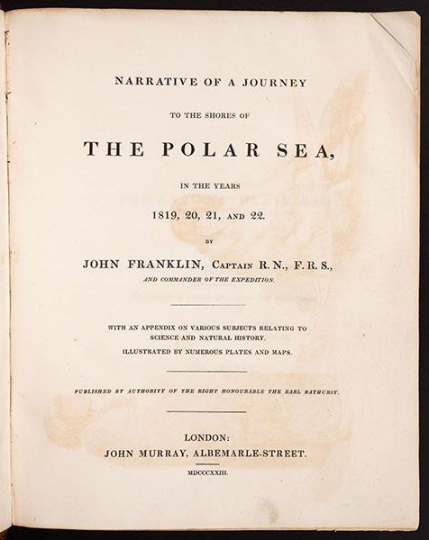 Title page, Narrative of a Journey to the Shores of the Polar Sea, in the Years 1819, 20, 21, and 22, by John Franklin, 1823 (The Linda Hall)