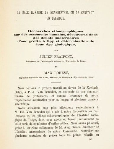 Fraipont and Lohest report. Image source: Fraipont, Julien and Max Lohest. "La race humaine de Neanderthal ou de Canstadt en Belgique." Archives de Biologie, vol. 7, 1887, p. 587.
