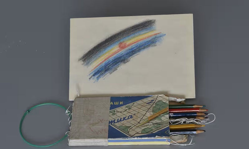 “Sunrise” sketched by Alexei Leonov on the Voskhod 2 mission, Mar. 18, 1965, the first work of art made in space, Museum of the Yuri Gagarin Cosmonaut Training Center, Moscow Oblast, Russia, exhibited, with the original pencils used by Leonov, at the Science Museum, London, 2015-16 (theguardian.com)