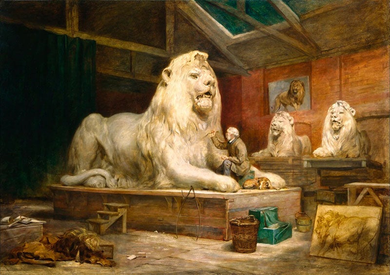 Sir Edwin Landseer, showing Landseer at work on one of his colossal lion sculptures, by John Ballantyne, oil on canvas, ca 1865, National Portrait Gallery, London (npg.org.uk)