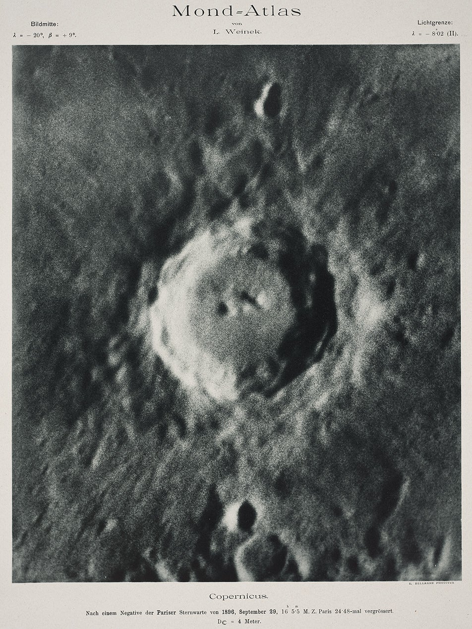 The plate of Copernicus was made from a negative provided by the Paris Observatory, taken September 29, 1896. It was enlarged to a scale of over 13 feet to the moon's diameter. The positive was then printed by collotype, which gives the finest grain of any photographic printing process. The grain of the original negative, however, is noticeable.