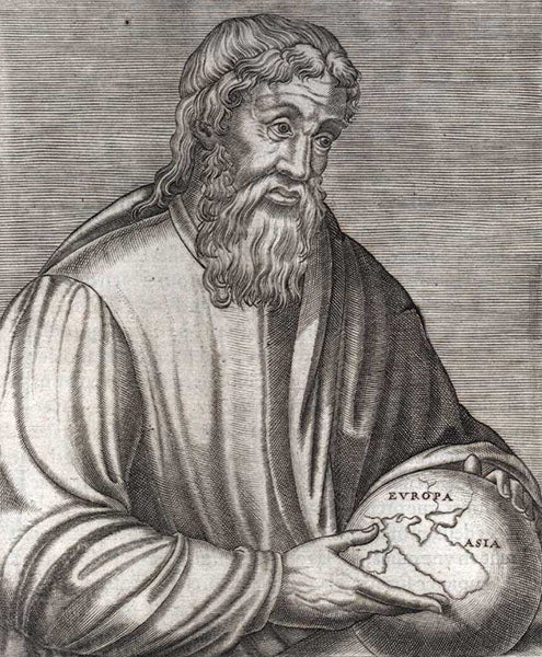 Portrait of Strabo, engraving, cropped from page in Les vrais pourtrait & vies des hommes illustres, by André Thevet, vol 1, p 76, 1584 (Wikimedia commons)