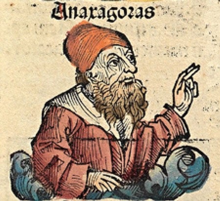 Supposed portrait of Anaxagoras in the Nuremberg, Chronicle, hand-colored woodcut, 1493 (Wikimedia commons)