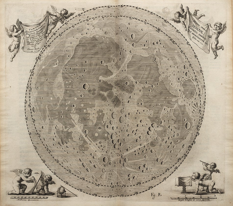 The illustration shows a detail of the southeast section (bottom-right) of the shadowed moon map. The ray system from Tycho dominates this view, but also evident are the ray systems around Stevinus A and Furnerius A, which appear like a pair of rabbit heads at bottom right. The overlapping trio of Theophilus/Cyrillus/Catharina at upper right also stands out. 