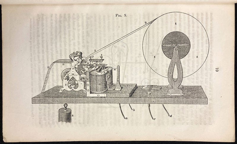 Register for recording Morse code messages on paper tape, invented and built by Alfred Vail, diagram in his The American Electro Magnetic Telegraph, p. 19, 1845 (The Linda Hall)