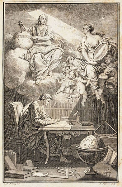 Frontispiece, Élémens de la philosophie de Neuton: mis à la portée de tout le monde, by Voltaire, 1738; Émilie du Châtelet is possibly represented by the woman holding the mirror (The Linda Hall)