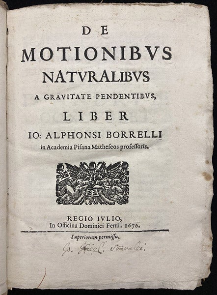 Title page, De motionibus naturalibus, by Giovanni Alfonso Borelli, 1670 (Linda Hall Library)