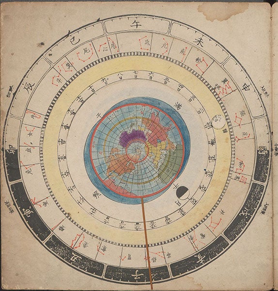 Earth-centered volvelle, hand-colored woodcut, Heitengi, by Iwahashi Yoshitaka, p. 2, 1801 (Linda Hall Library)