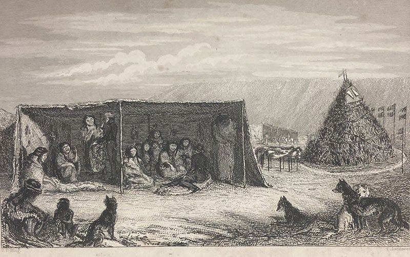 Patagonian “toldo” and the tomb of a young girl at right, etching after a drawing by Phillip Parker King, in Narrative of the Surveying Voyages of His Majesty's Ships Adventure and Beagle, between the Years 1826 and 1836, by Robert FitzRoy, vol. 1, page 94, 1839 (Linda Hall Library)