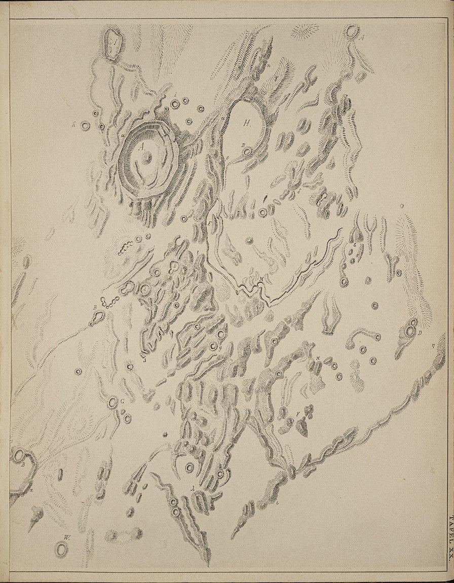 The illustration shows the crater Aristarchus (feature A) in the Oceanus Procellarum (Ocean of Storms), and its companion crater Herodotus (H). The large W-shaped valley below Herodotus is the famous Schröter's Valley. Fauth was one of the most skilled of all selenographers at using the hachure shading technique, which indicates relief by short lines in the direction of maximum slope.