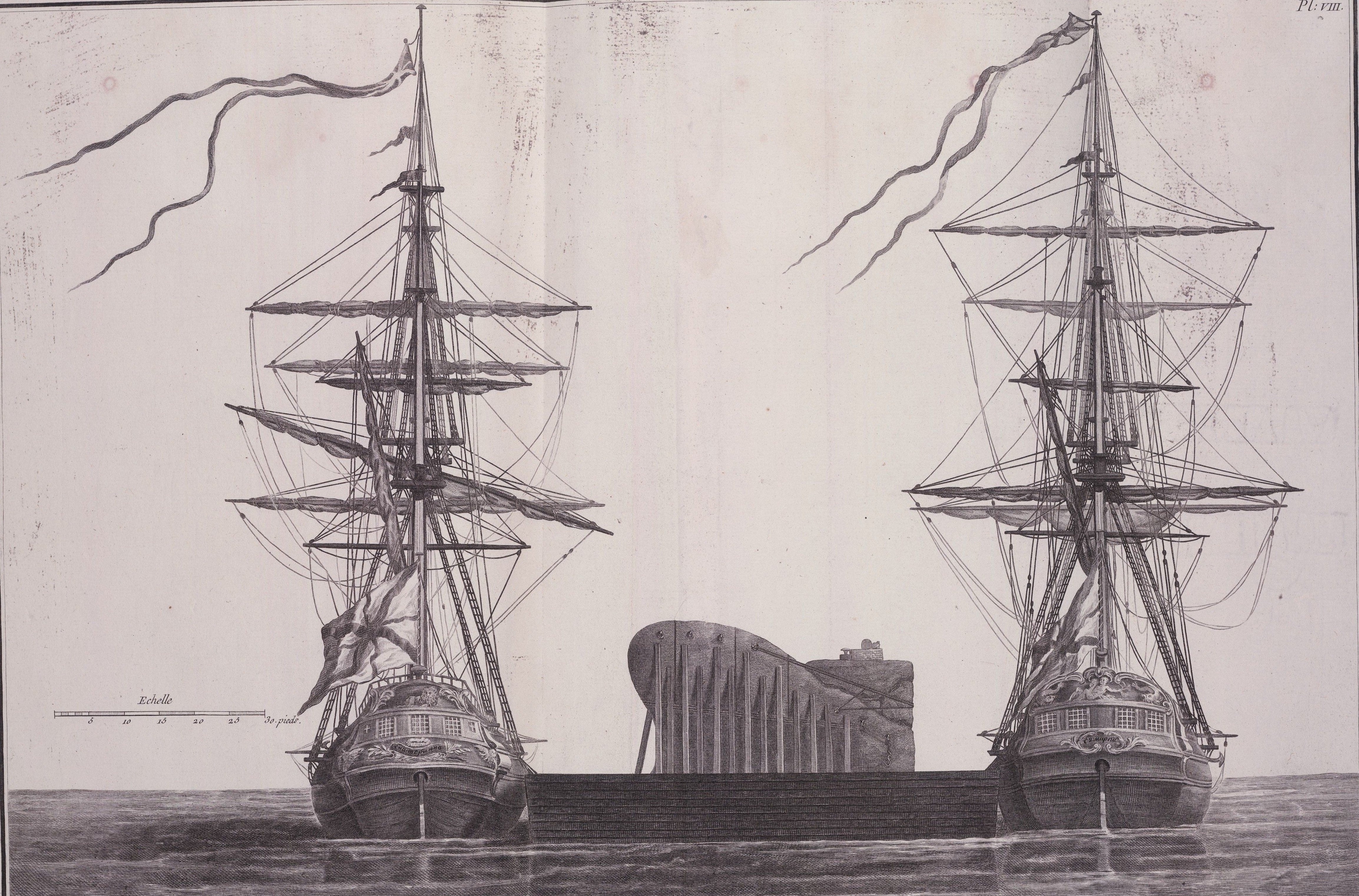 Moving the enormous pedestal on a barge. Image source: Charboures, Marinos, komis. Monument élevé a la gloire de Pierre-le-Grand. Paris: Nyon ainé, libraire; Stoupe, imprimeur-libraire, 1777, pl. 8.