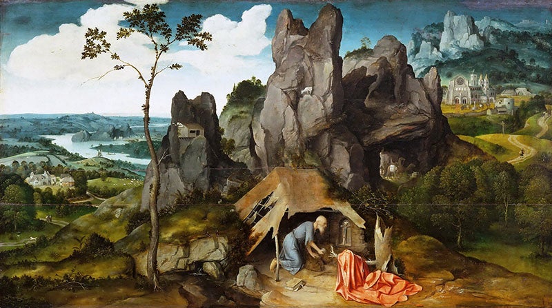 Saint Jerome in the Desert, oil on panel, by Joachim Patinir, 1520, Louvre (Wikimedia commons)