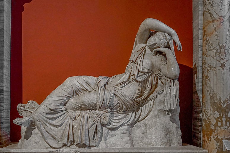 Sleeping Ariadne (known as Cleopatra in the Renaissance), marble sculpture, 2nd c. CE Roman copy of a Greek original, acquired by Pope Julius II in 1512 and added to the Belvedere collection; now in Pio-Clementino Museum, Rome, part of the Vatican Museums (Wikimedia commons)