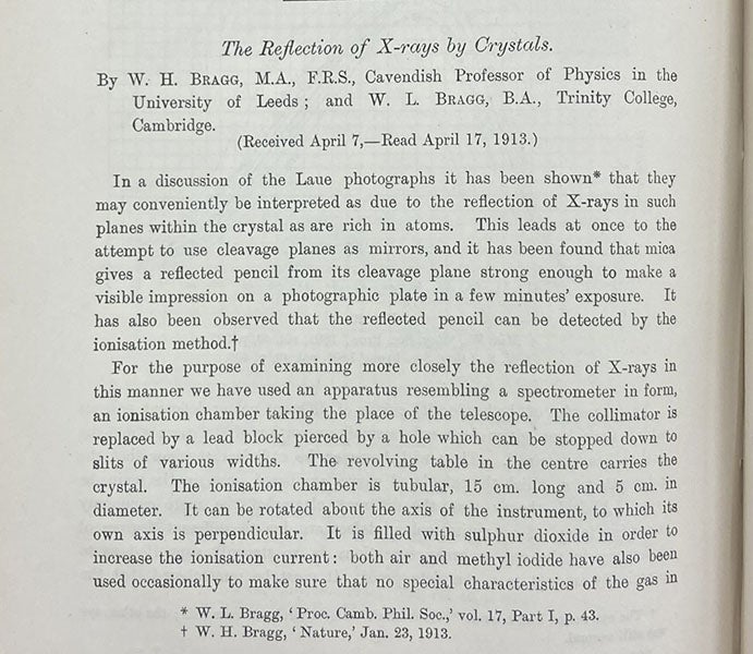 First paragraph, “The Reflection of X-rays by Crystals,” by William H. and W. Lawrence Bragg, Proceedings of the Royal Society of London, vol. 88, p. 428 (Linda Hall Library)