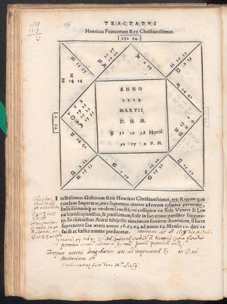 Horoscope for Henry II of France, born March 1519. Gaurico predicts that the King will lead a long and happy life if he lives past the ages of 56, 63, 64, and 69. Unfortunately, Henry II was wounded in a tournament and died in 1559, seven years after Tractatus was published, at the age of 40. In Tractatus astrologicus, by Luca Gaurico, 1552 (Linda Hall Library)