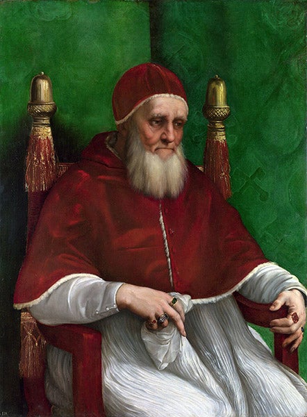 Portrait of Pope Julius II, by Raphael, oil on wood, 1511, National Gallery, London (Wikimedia commons)