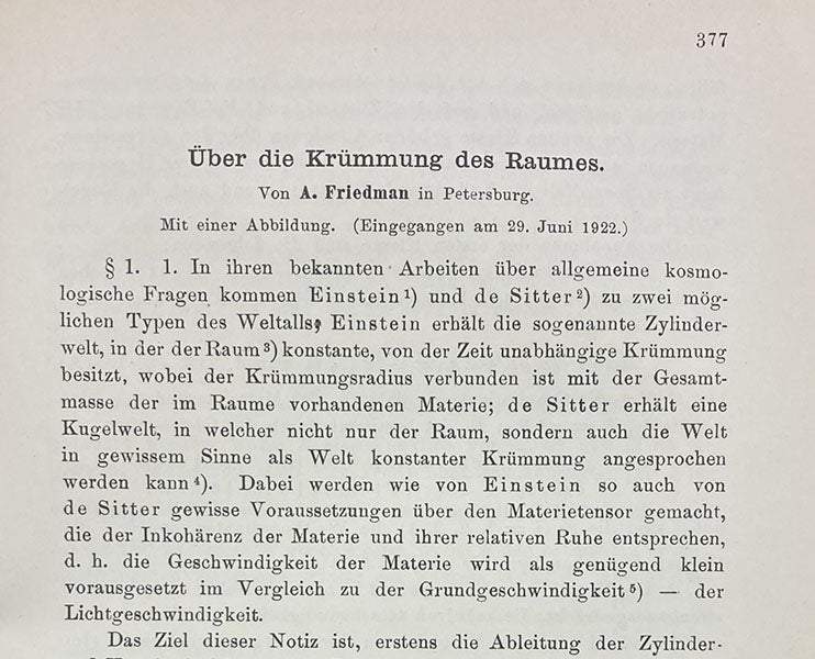 Opening paragraph of Alexander Friedmann’s first paper of 1922, where the names of Einstein and Willem de Sitter are mentioned, " Zeitschrift für Physik, vol 10, 1922 (Linda Hall Library).