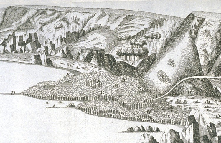 Prospect of the Giant’s Causeway. Image source: Molyneux, William. "A True Prospect of the Giants Cawsway near Pengore-Head in the County of Antrim." Philosophical Transactions of the Royal Society of London, vol. 19, no. 235, 1697, p. 798.
